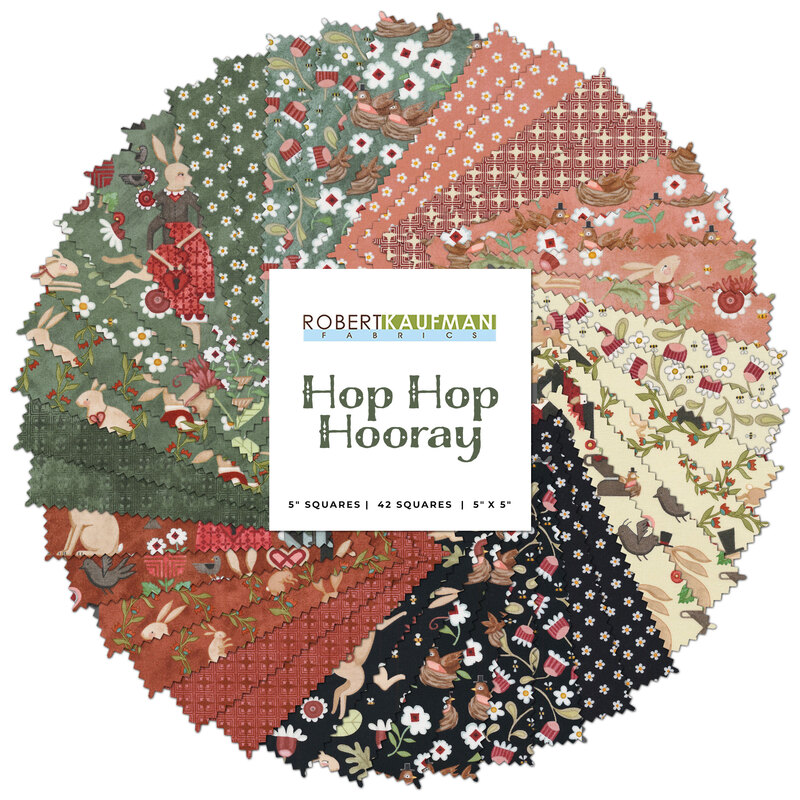 collage of all fabrics included in Hop Hop Hooray charm pack