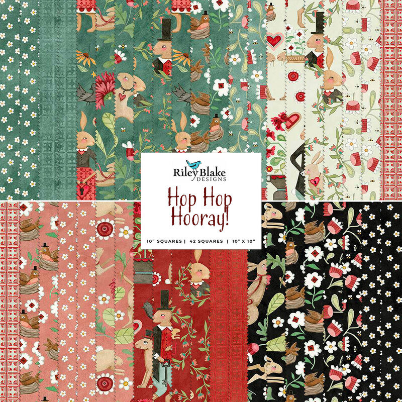 collage of all fabrics included in Hop Hop hooray layer cake