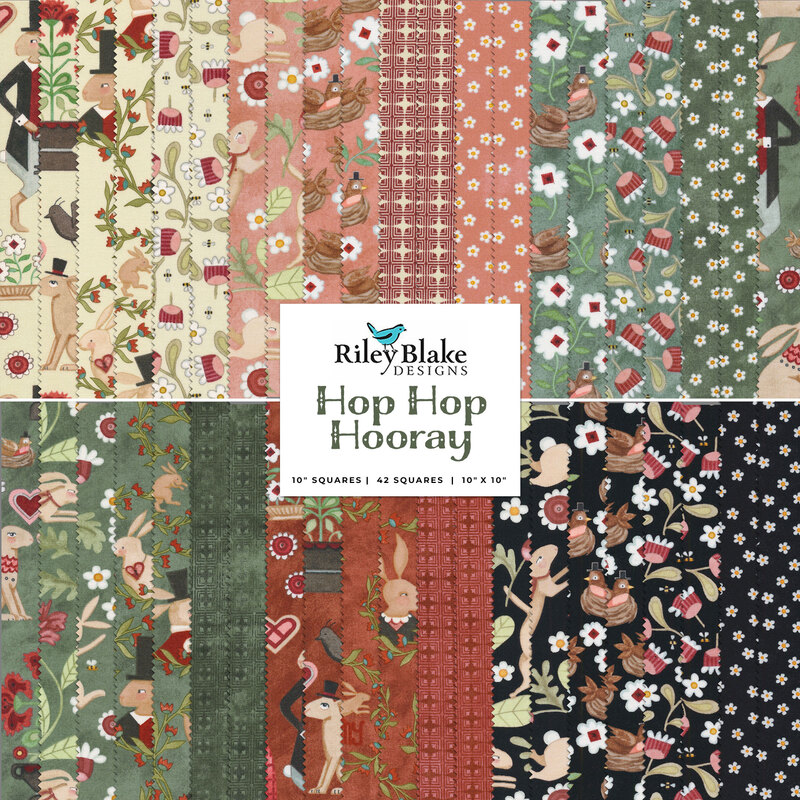collage of all fabrics included in Hop Hop hooray layer cake