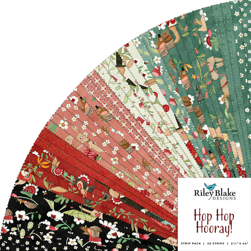 collage of all fabrics included in Hop Hop Hooray jellyroll