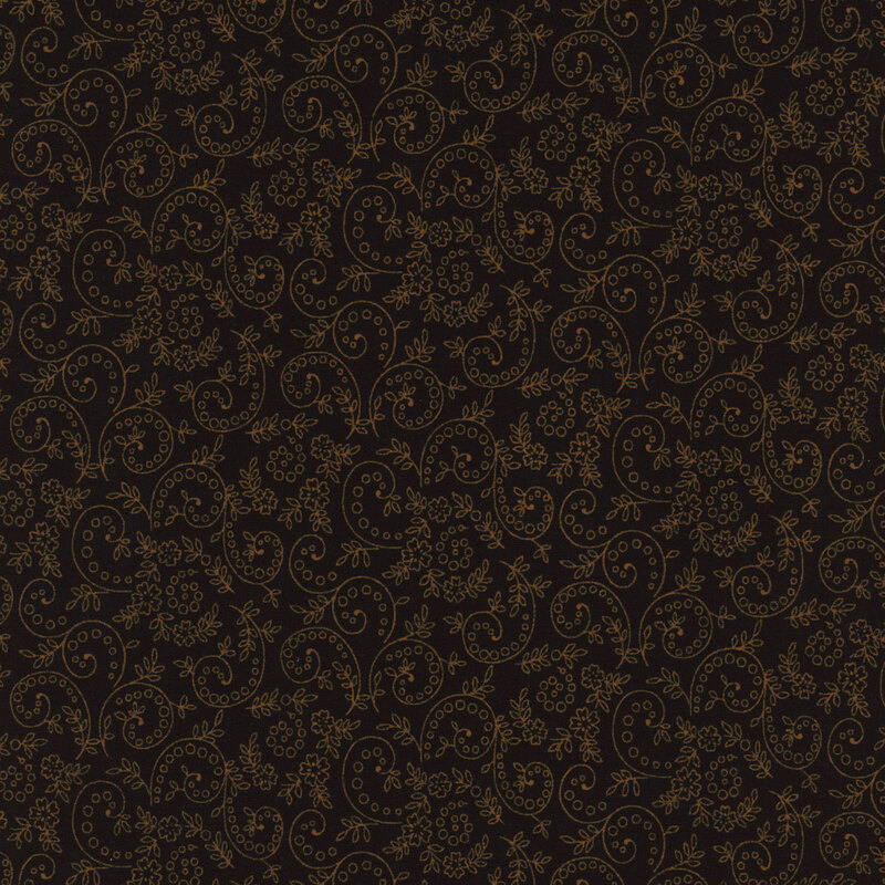 Solid black fabric with golden brown scrolling vines all over