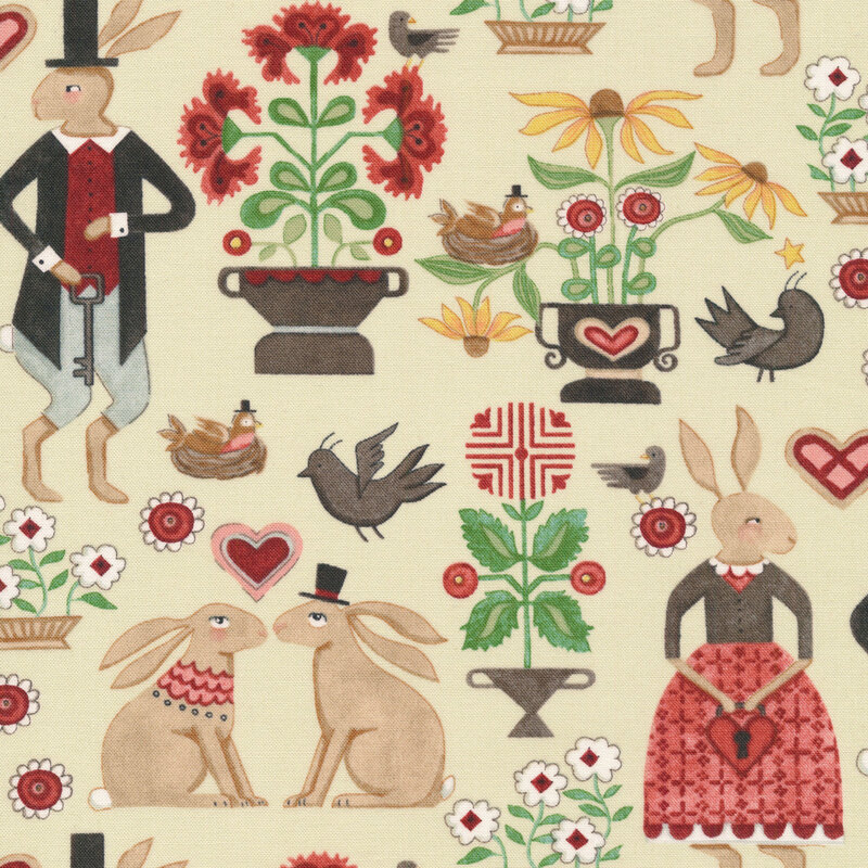 This fabric features a lovely pattern of flowers, birds and bunny motifs on a cream background.