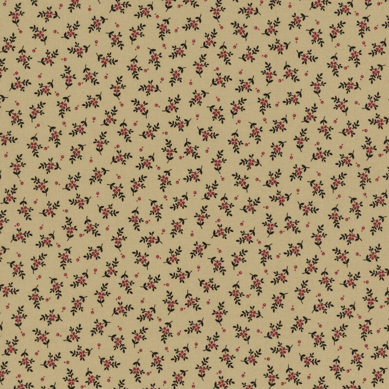 Solid beige fabric with tossed small red florals and black stems