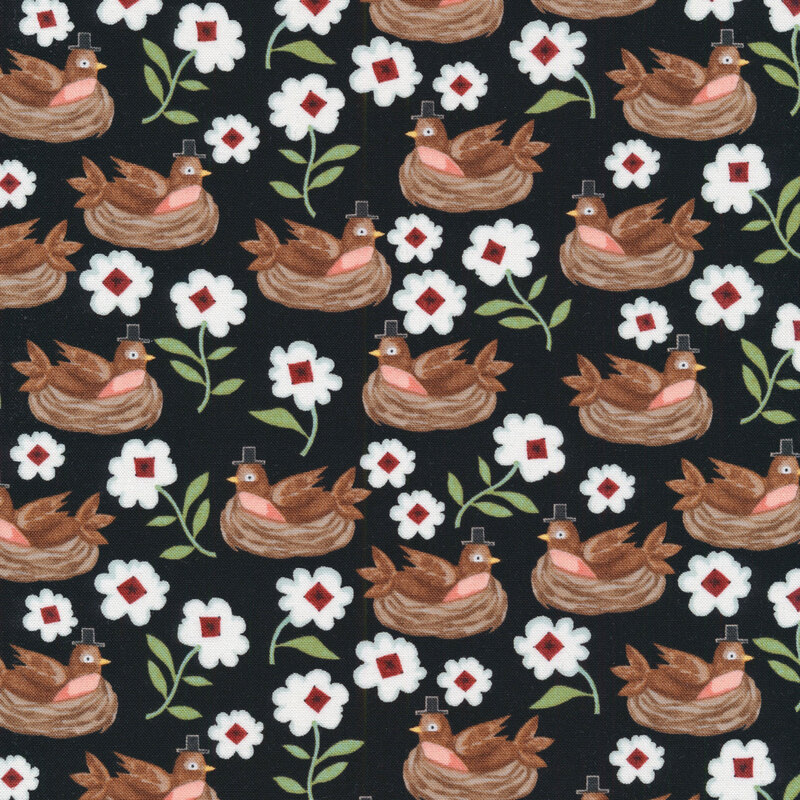 This fabric features brown birds in their nests with small top hats and white and red flowers on a black background.
