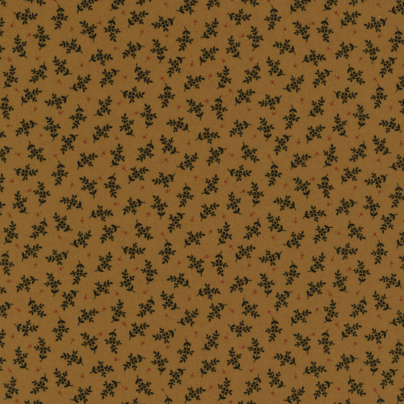 Solid golden brown fabric with small black flowers and steps tossed all over