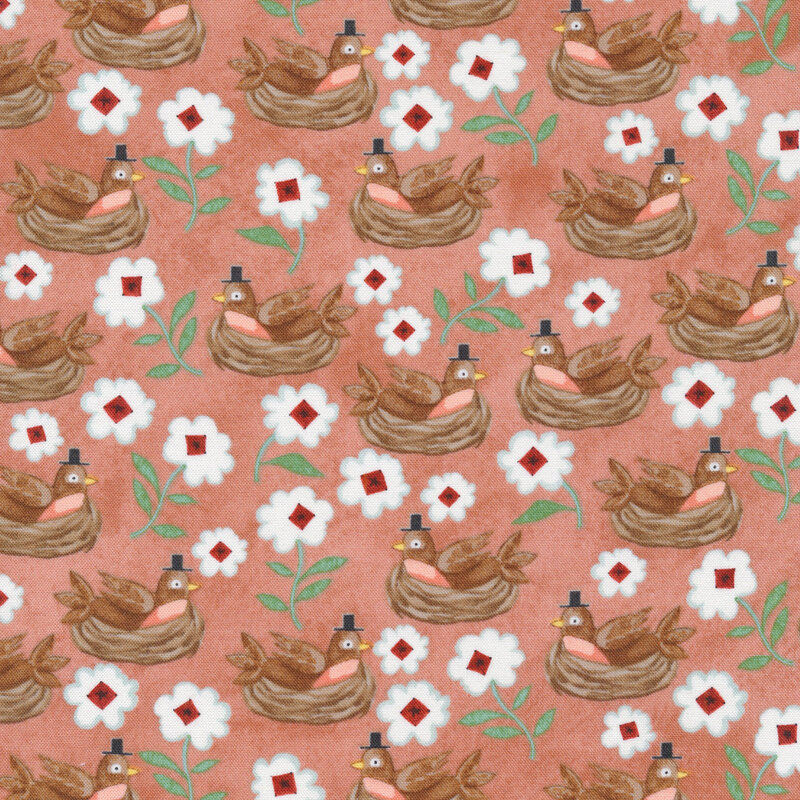 This fabric features brown birds in their nests with small top hats and white and red flowers on a coral pink background.