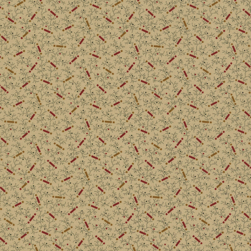 Solid beige fabric with thin black vines all over and tossed red and brown square blocks