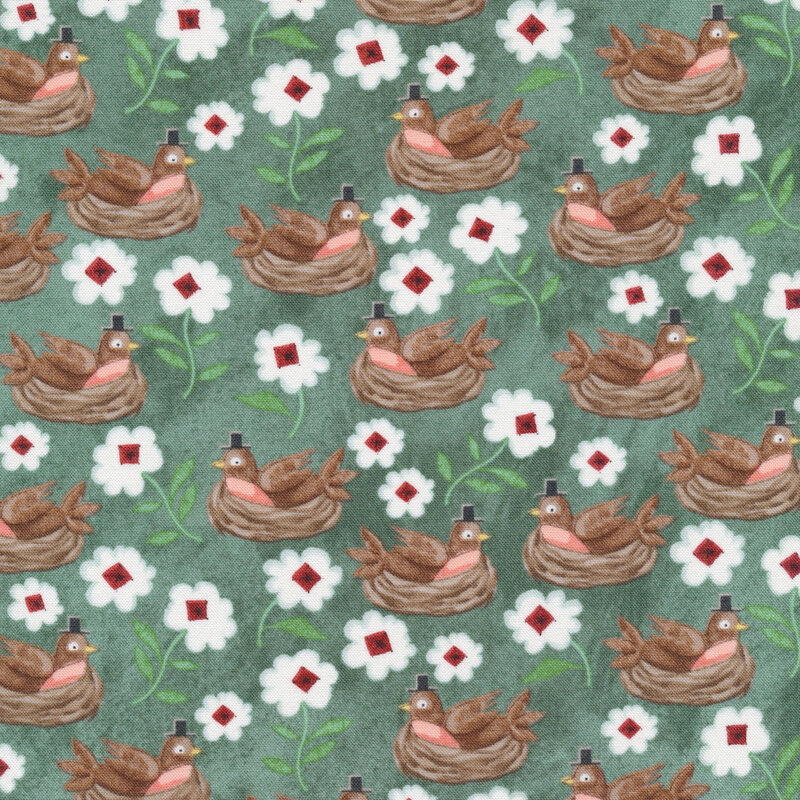 This fabric features brown birds in their nests with small top hats and white and red flowers on a teal background.
