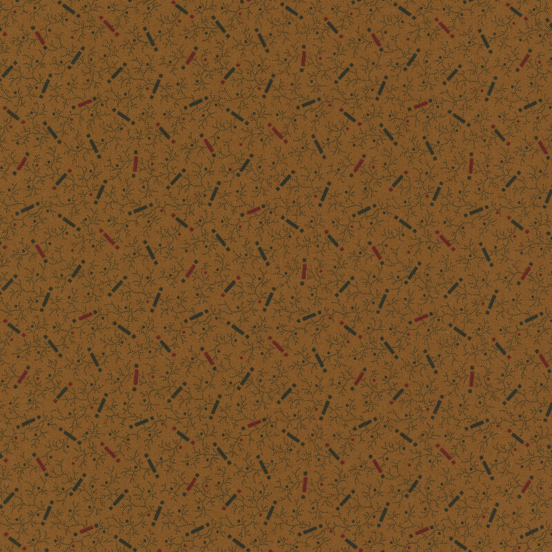 Solid golden brown fabric with thin black vines all over and tossed red and brown square blocks