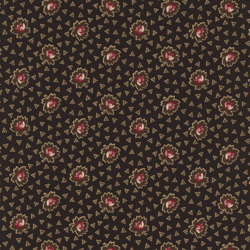 Solid black fabric with tossed red florals and brown triangles all over.
