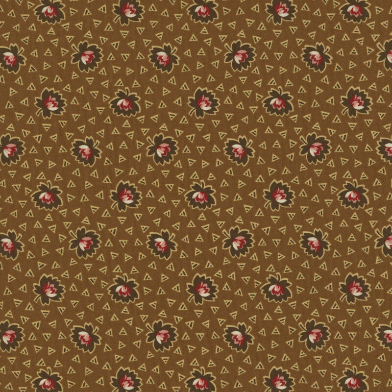 Solid brown fabric with tossed red florals and light tan triangles all over.
