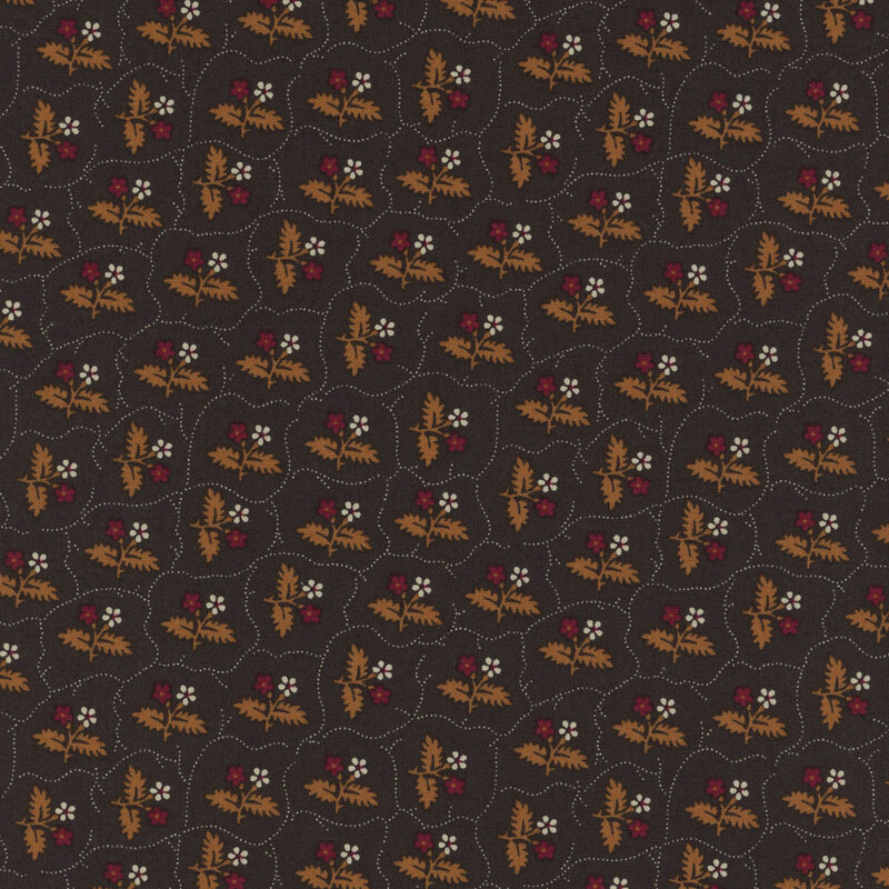 Solid dark brown fabric featuring red and white florals with brown stems and small white dotted vines all over