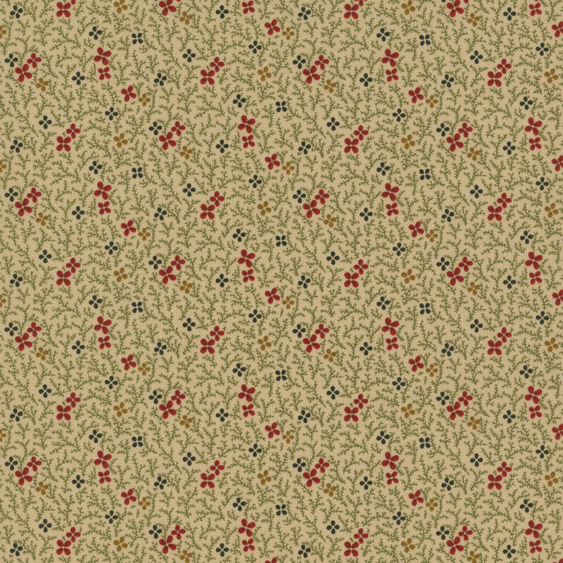 Light tan fabric with faint vines all over with small peeking red, brown, and black flower petals scattered throughout