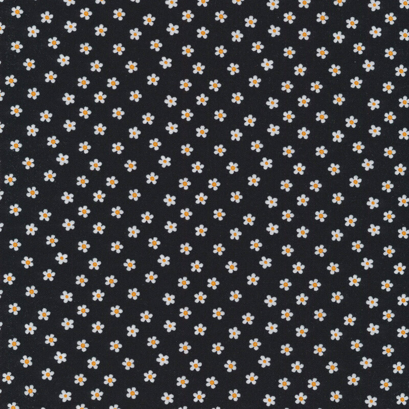 This fabric features tossed ditsy white daisies with yellow centers on a solid black background.