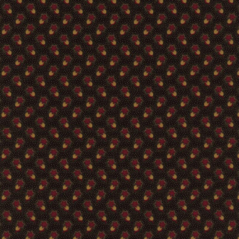 Black fabric with tossed red and tan beets and tiny white pin dots all over