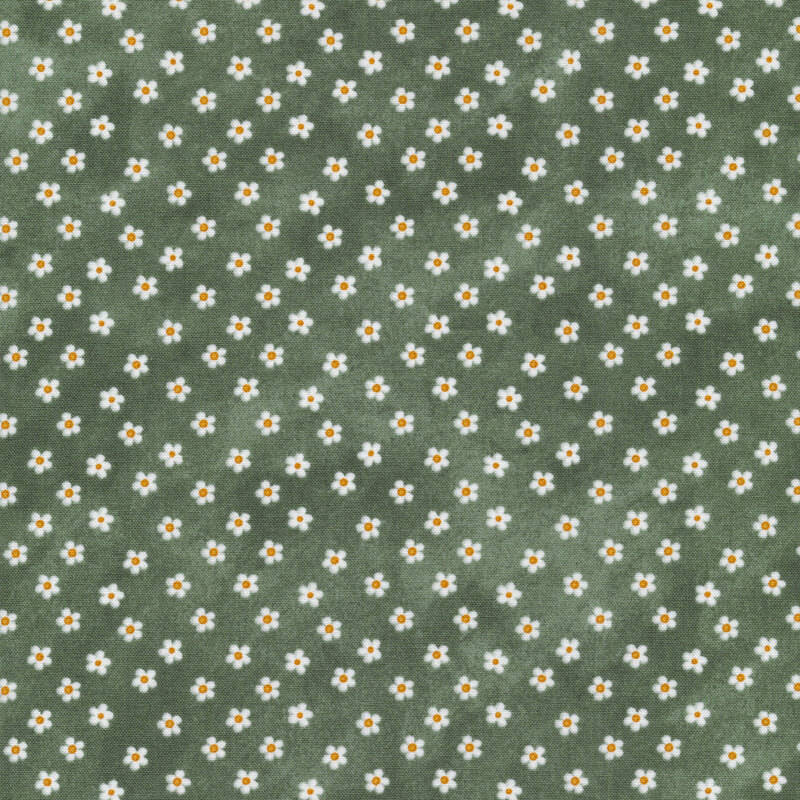 This fabric features tossed ditsy white daisies with yellow centers on a sage green background.