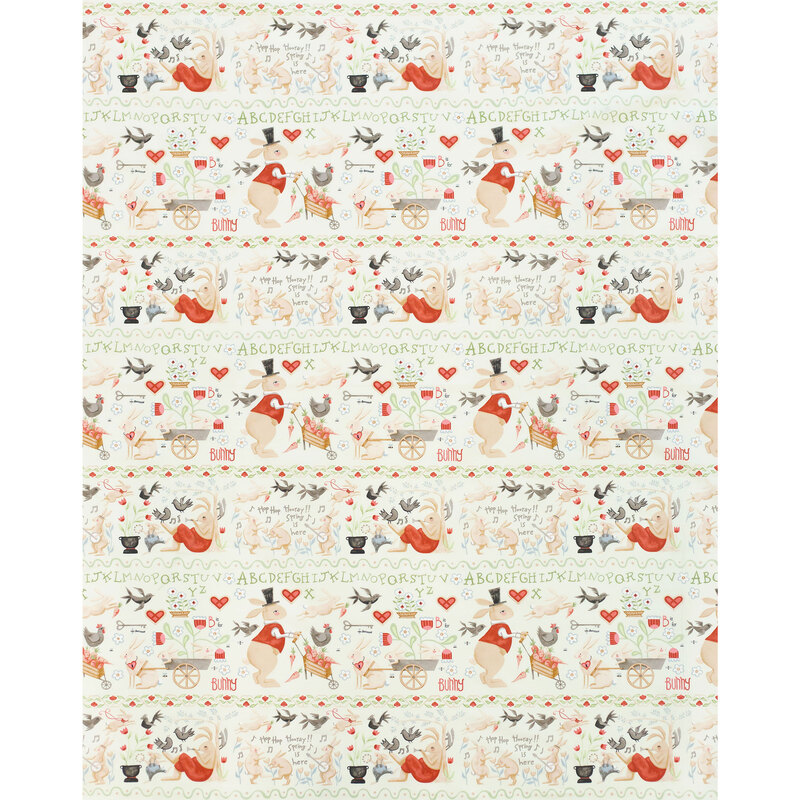 Full image of borderstripe fabric featuring a spring themed border stripe with dancing bunnies, birds and flowers on a cream background.