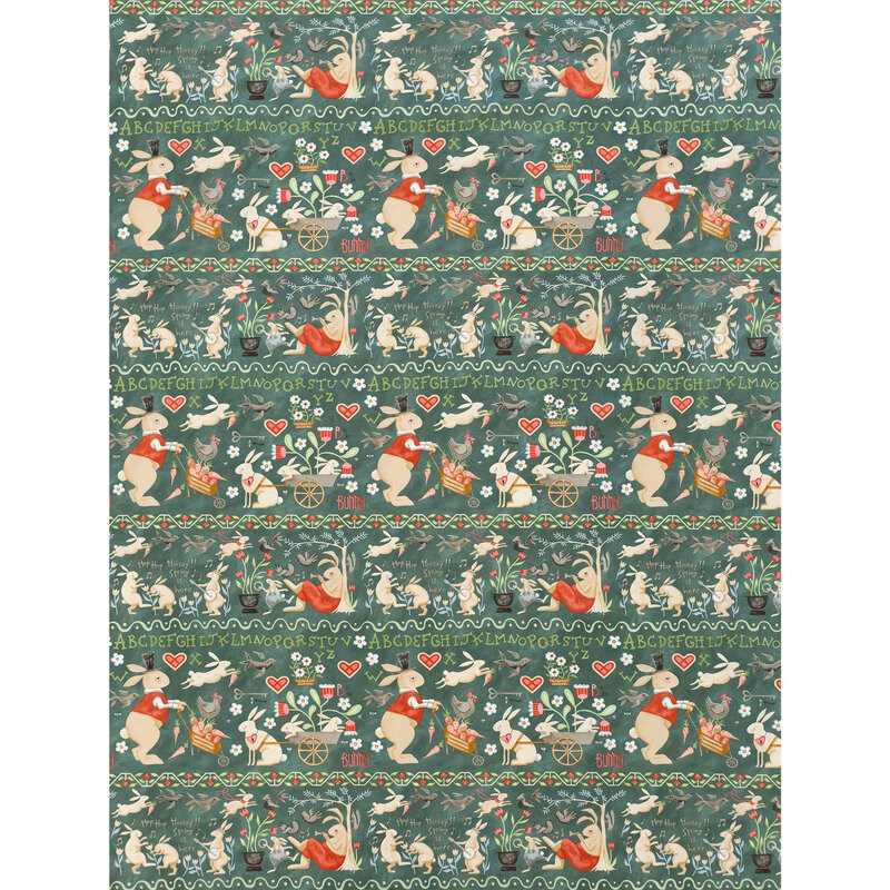 Full image of borderstripe fabric featuring a spring themed border stripe with dancing bunnies, birds and flowers on a sage green background.