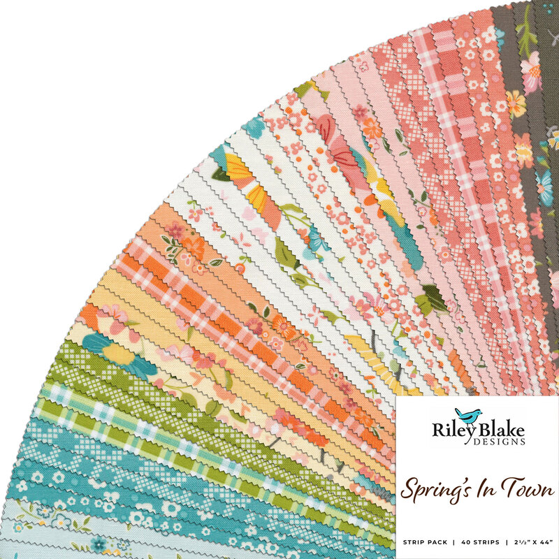 Graphic of all pastel spring fabrics included in the Spring's In Town fabric collection