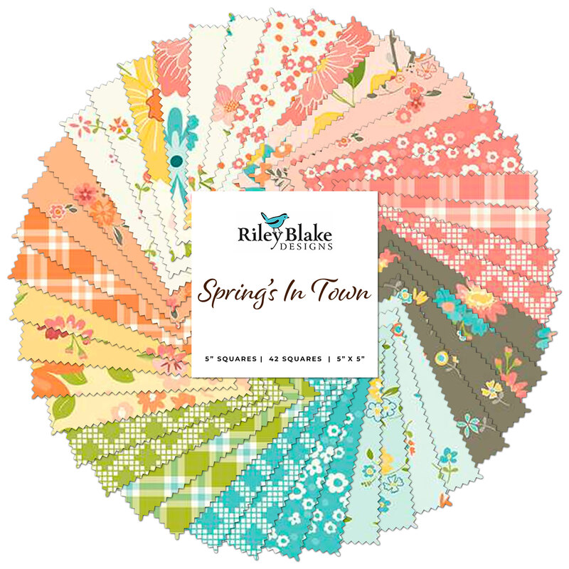 Graphic of all pastel spring fabrics included in the Spring's In Town fabric collection