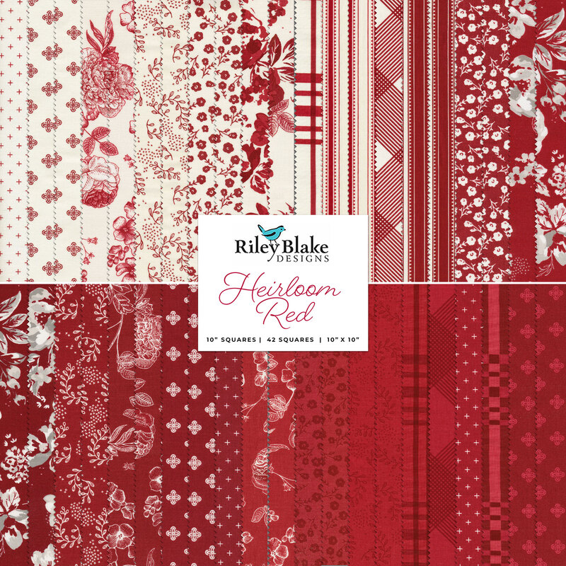 collage of all fabrics included in Heirloom Red collection Layer cake