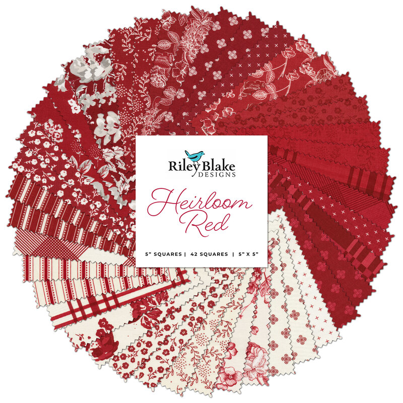 collage of all fabrics included in Heirloom Red collection charm pack