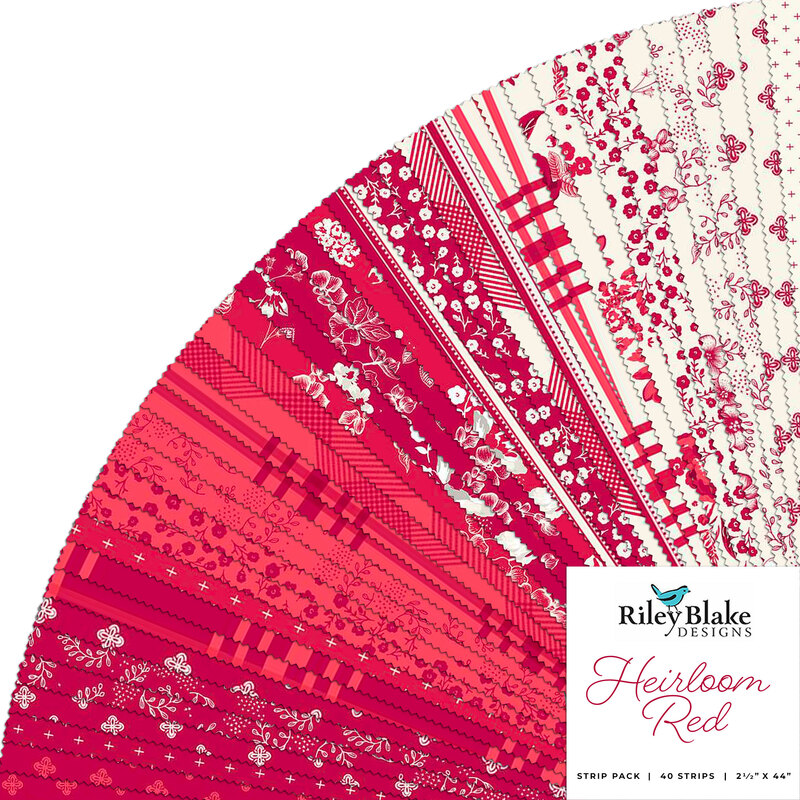 collage of all fabrics included in Heirloom Red collection Jelly roll