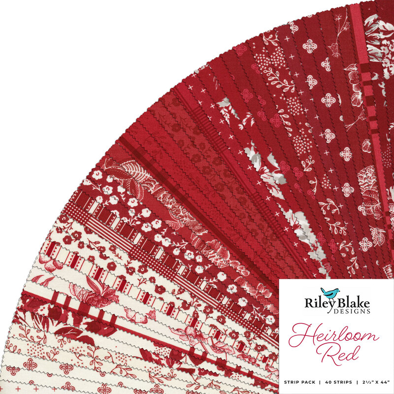 collage of all fabrics included in Heirloom Red collection Jelly roll