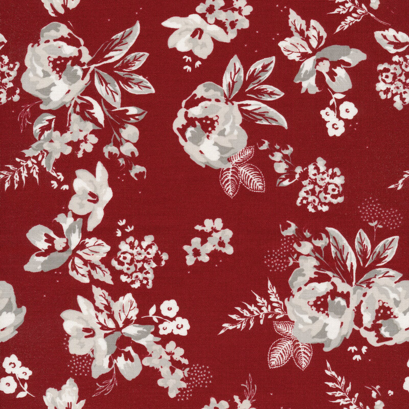 This fabric features bundles of white and light gray flowers and leaves on a dark red background. 