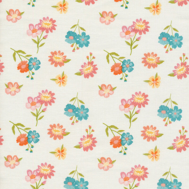 cream fabric with bright scattered flowers in blue, orange, and yellow.