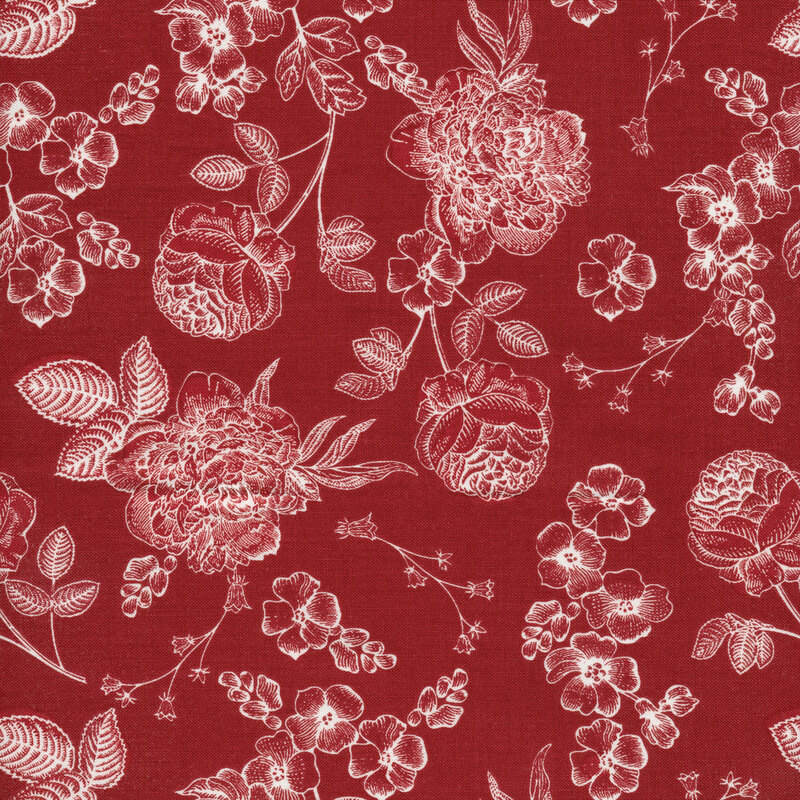 This fabric features the cream outline of flowers, branches and leaves on a dark red background.