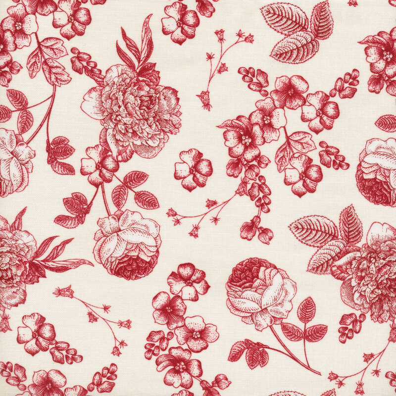 This fabric features the dark pink outline of flowers, branches and leaves on a cream background.