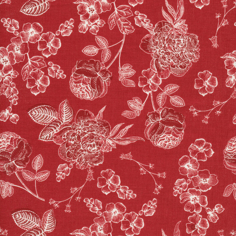 This fabric features the cream outline of flowers, branches and leaves on a red background.