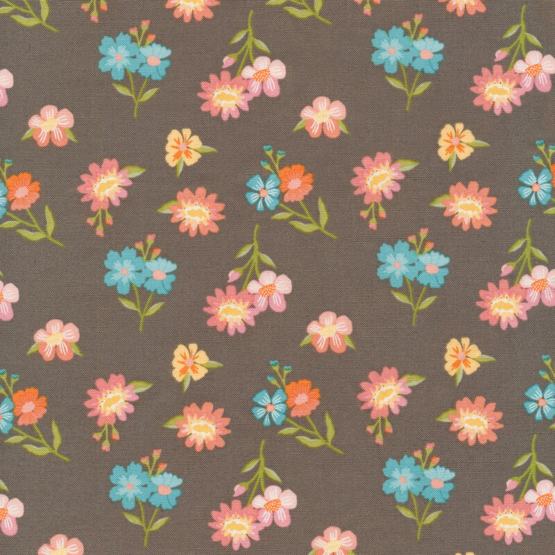 brown fabric with bright scattered flowers in blue, orange, and yellow.