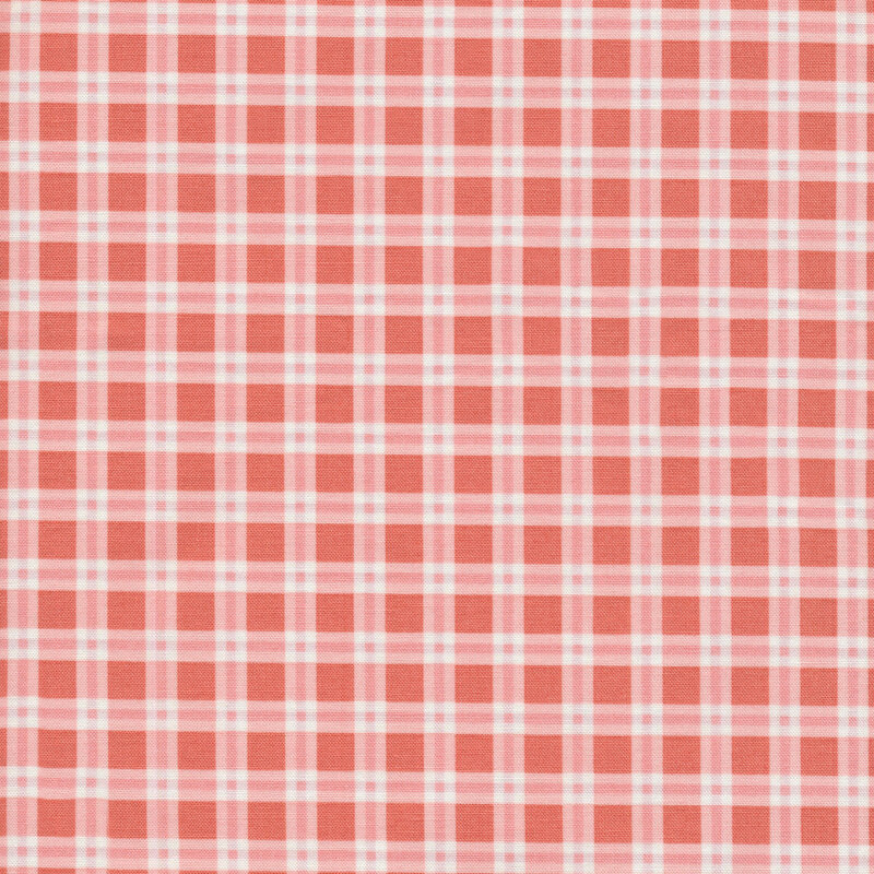 coral fabric with white and yellow plaid
