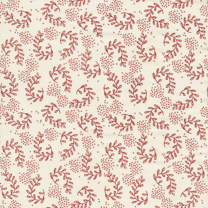 This fabric features vine motifs with texture dots in dark red on a solid cream background.
