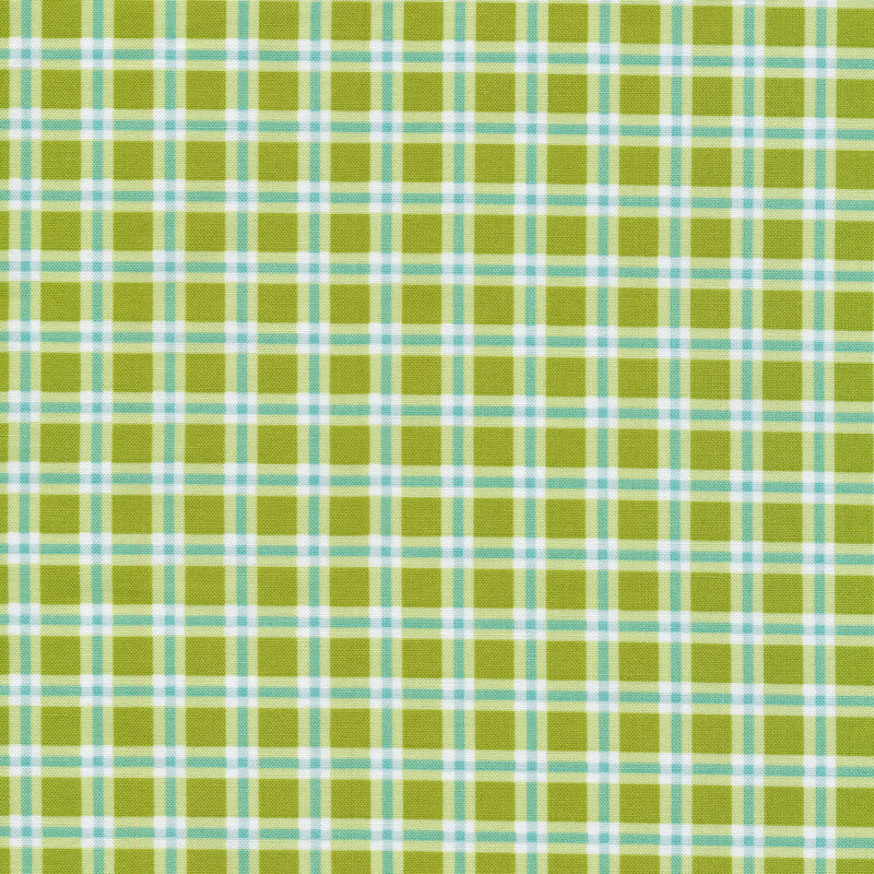 green fabric with white and teal plaid