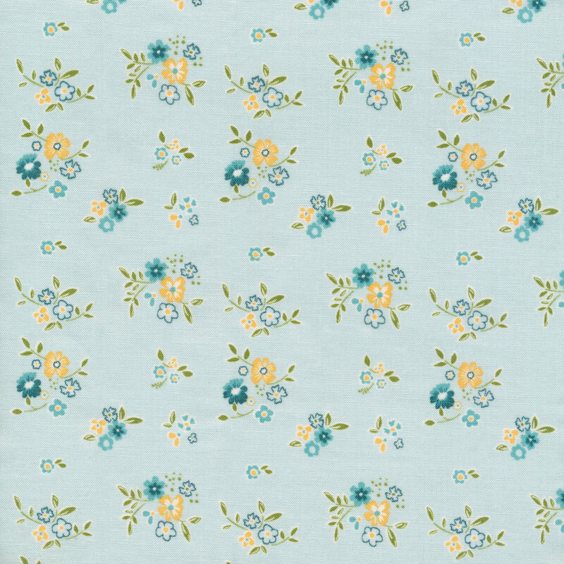 light blue colored fabric with scattered clusters of flowers and leaves scattered across it