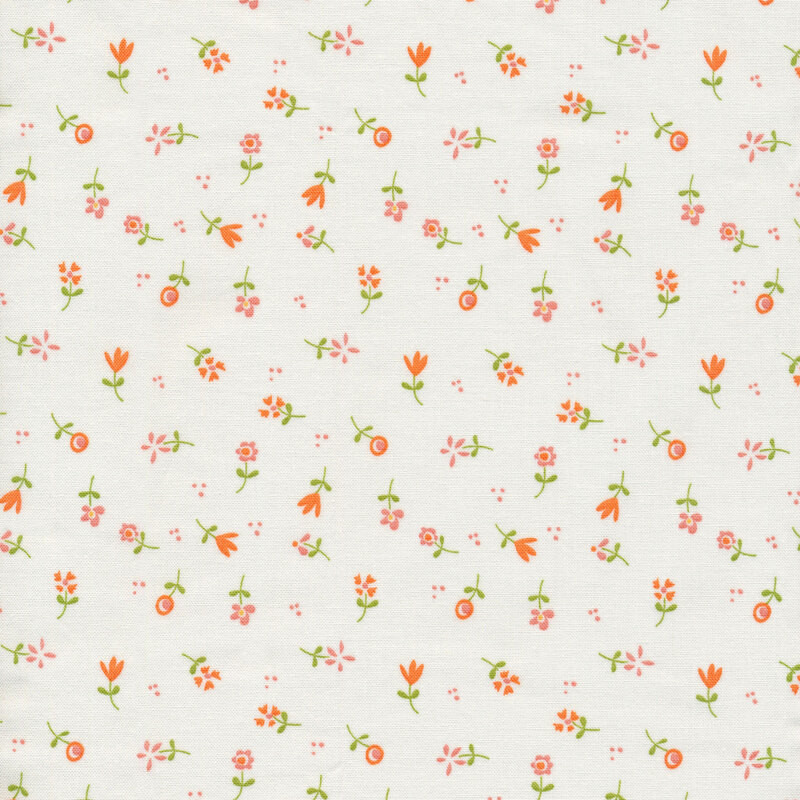 cream fabric with scattered pink and orange flowers and tiny dots