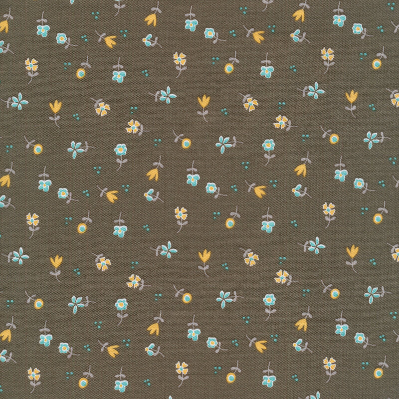 pewter fabric with scattered yellow and blue flowers and tiny dots