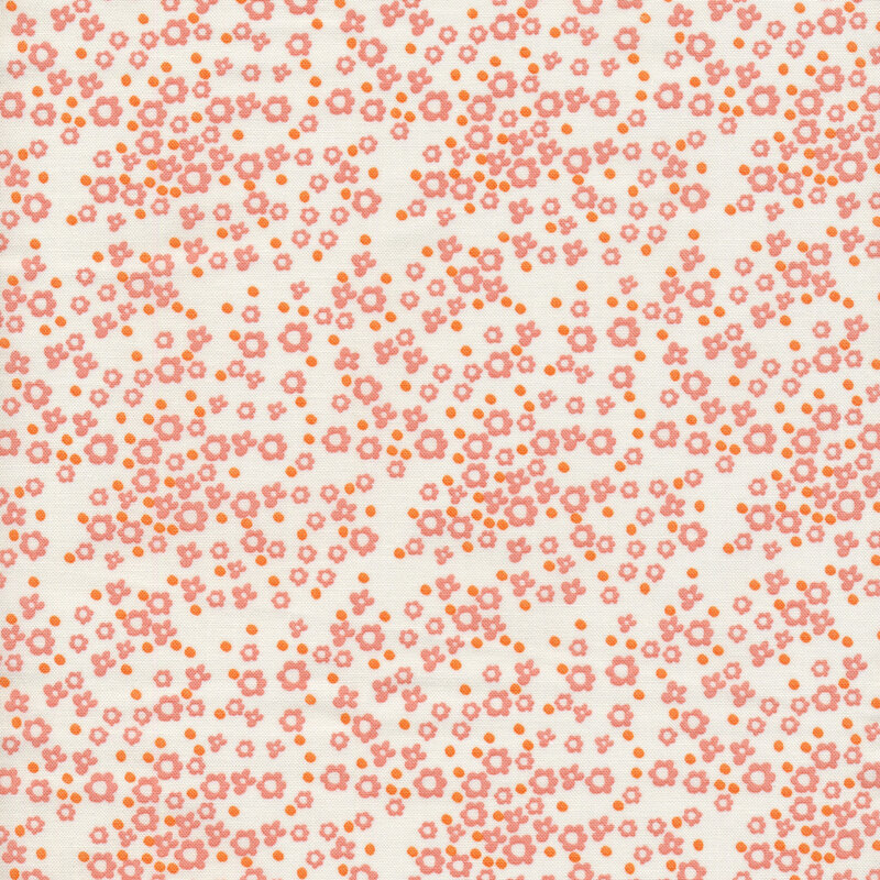 white fabric with various sizes of packed orange flowers and small dots.