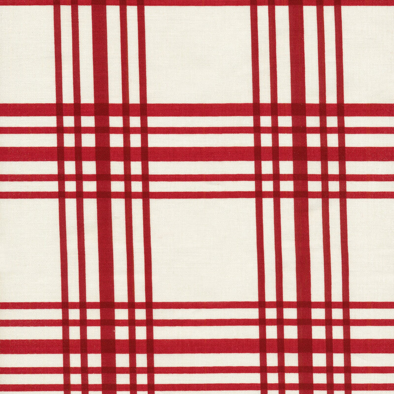 This fabric features a red and light red plaid pattern on a solid cream background.