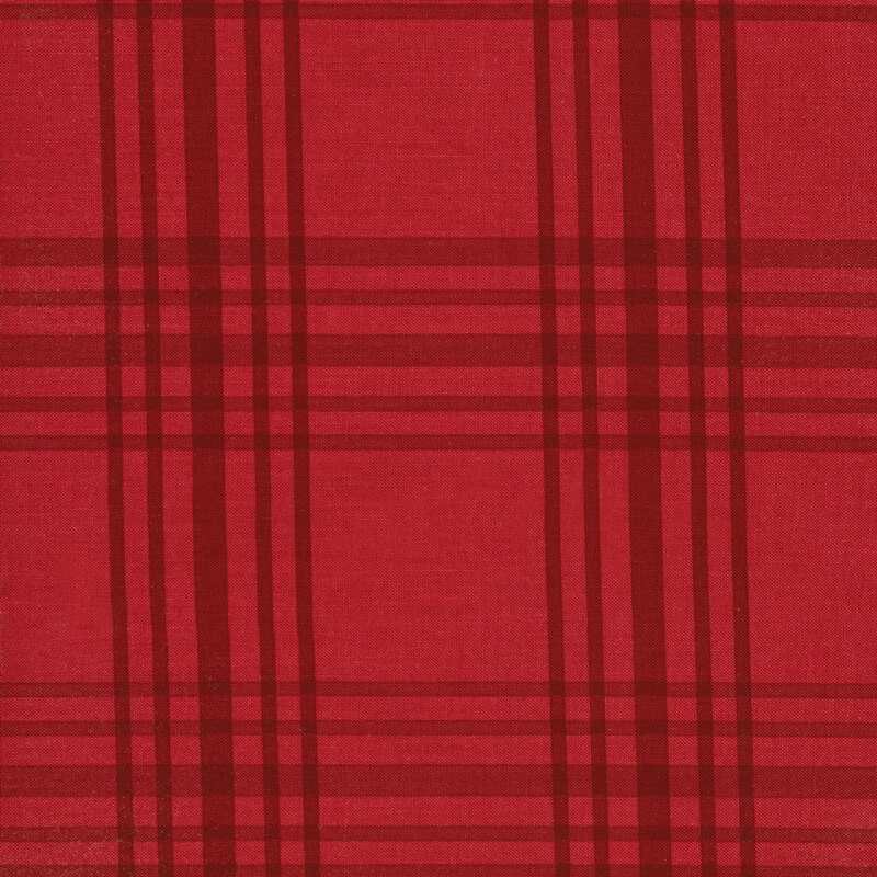 This fabric features a dark red plaid pattern on a red background.