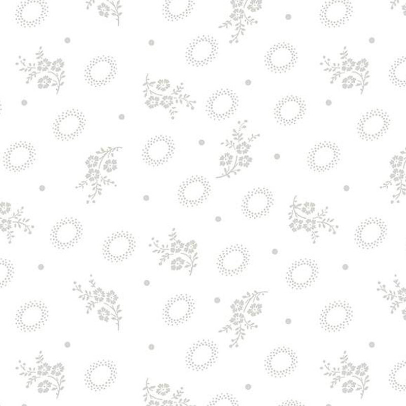 Digital image of white tonal fabric featuring tossed sprigs of flowers, dots, and dotted rings