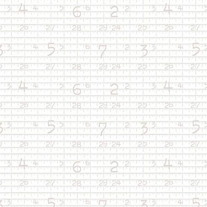 Digital image of white tonal fabric featuring numbers and ruler motifs