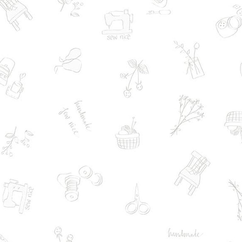 Digital image of white tonal fabric featuring tossed sewing motifs, fruits, and plants