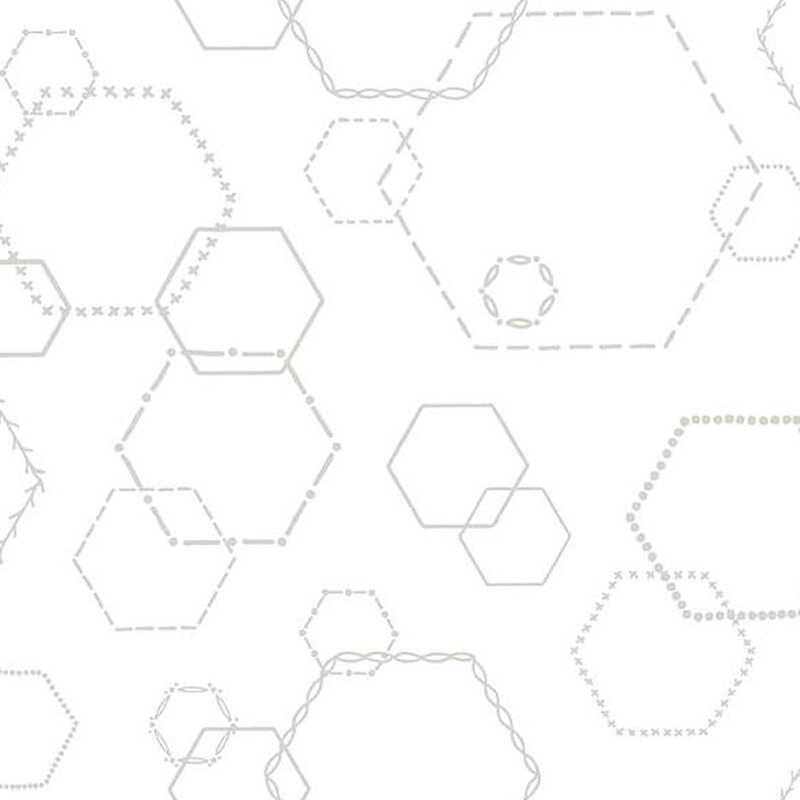 Digital image of white tonal fabric featuring outlines of hexagons overlapping