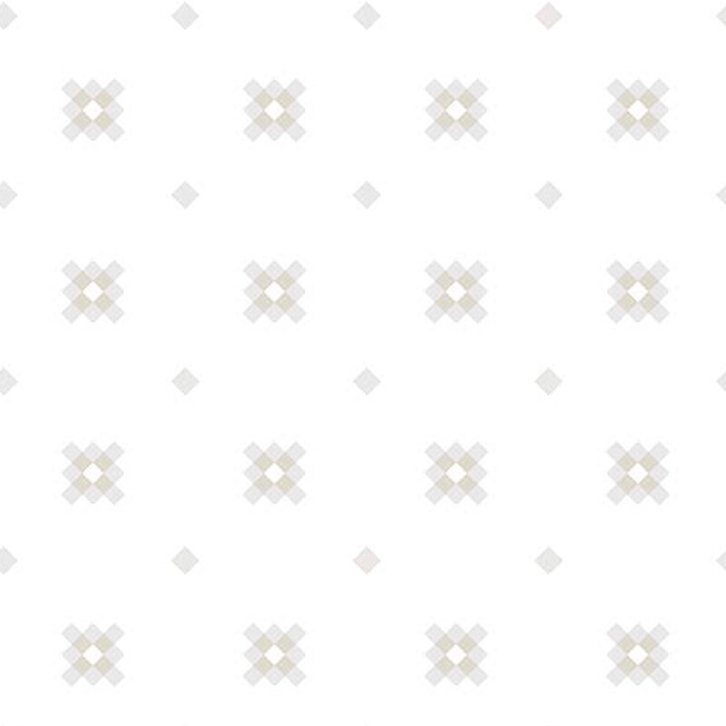 Digital image of white tonal fabric featuring diamonds overlaid with X shapes, interspersed with smaller diamonds
