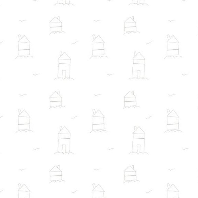 Digital image of white tonal fabric featuring various doodled houses