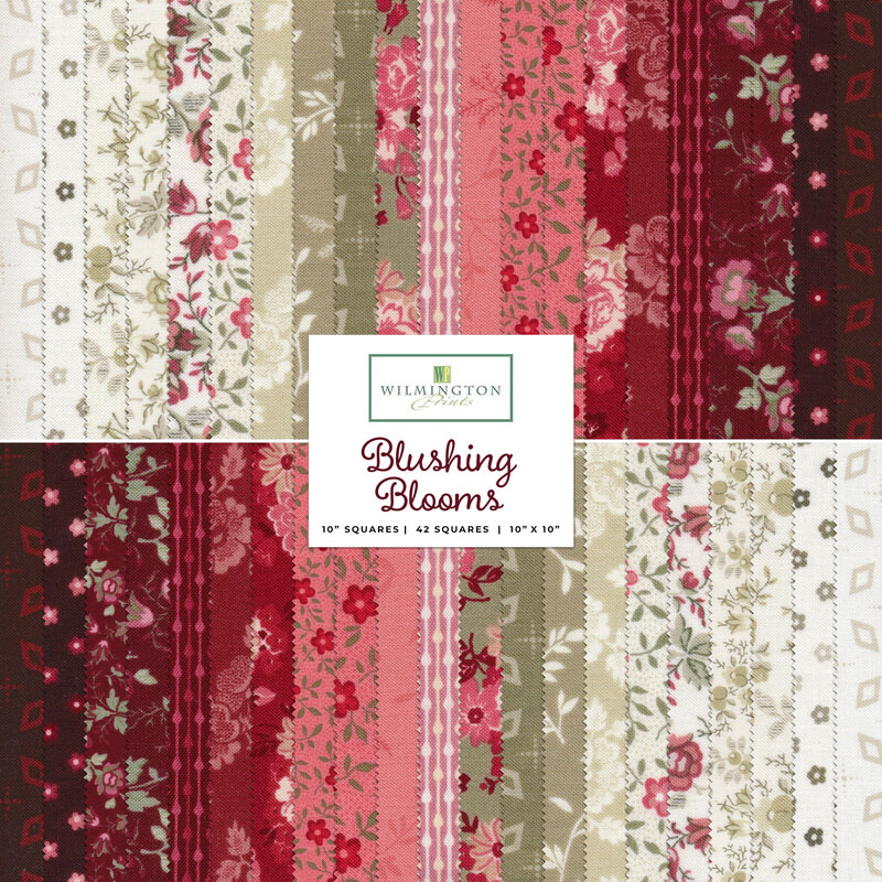 collage of all fabrics in Blushing Blooms layer cake in shades of red, pink, tan and cream